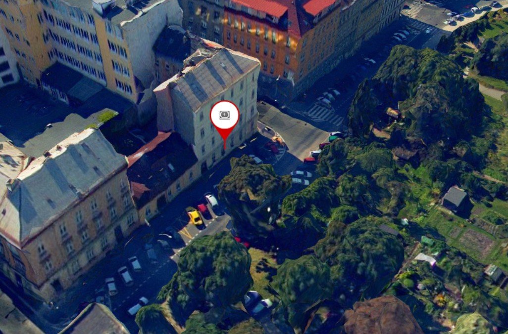Letecký pohled na dům Kotlaska 417/20 a okolí v Libni